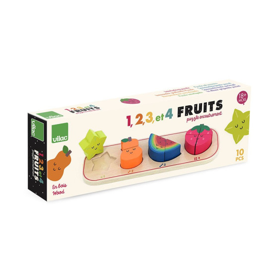 Puzzle incastrat din lemn - 1,2,3,4 Fructe - Vilac Puzzle incastrat din lemn - 1,2,3,4 Fructe - Vilac