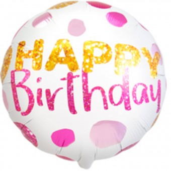 Balon Happy Birthday cu Buline Roz 45 cm