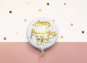 Balon Heliu Alb Happy Birthday Auriu